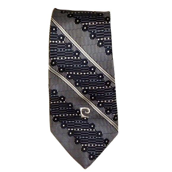 70s PIERRE CARDIN 4" Wide Necktie | Blue Logo Striped Vintage Tie - Picture 2 of 4